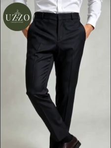 UZZO Mens Black Formal Trousers Armani Fabric Semi Baston Pants Business Wedding Oathtaking Wedding
