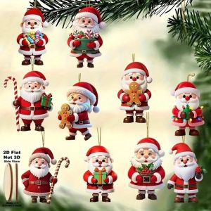 10Pcs Christmas Wooden Pendant Santa Claus 2D Flat Wooden Hanging Tag Christmas Tree Ornament