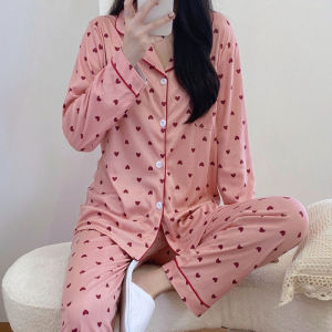 INTIMA Korean Long Sleeves Pajamas For Women Cartoon Multiple Styles Lapel Cardigan With Buttons And Trousers Sleepwear Set Comfortable Loungewear