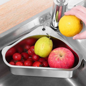 Triangular Sink Strainer Stainless Steel Sink Corner Rack Vegetable Strainer Fruit Storage Drain Basket Wire Mesh Sponge Holder
