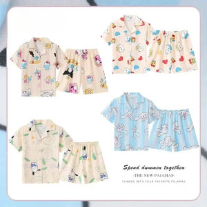 Sanrio Childrens Clothing Cinnamoroll Kuromi My Melody Pochacco Set Girl Cartoon Cardigan Button Short Sleeved Shorts
