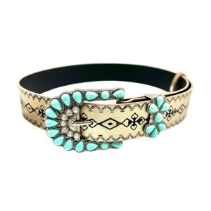 Casual Embossed Pattern PU Belt for Women Bohemian Rhinestones Buckle PU Belt Waistband Elegant Belt for Girl Jeans Belt