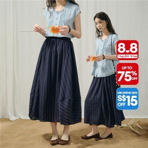 Giordano Women Jacquard striped elastic waist maxi skirt Free Shipping 18466319