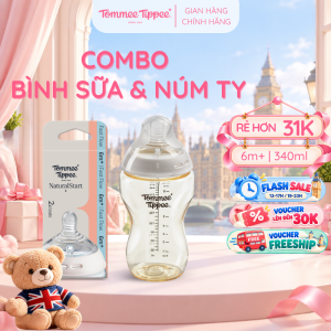 COMBO Bình Sữa PPSU Ty Siêu Mềm Tự Nhiên Tommee Tippee Natural Start 340ml & Núm Ty Silicon Thay Thế 6M+