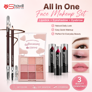 Shawill 3Pcs Velvet Lipstick Set + Earth Tone Eyeshadow Palette + Eyebrow Pencil All In One Makeup Kit Waterproof Long Lasting Natural Daily Makeup For Women