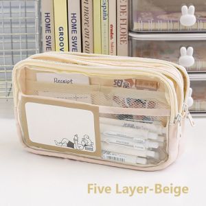 TU3Y Five-Layer Pen Bag PU Leather+PVC Large Capacity Pencil Box Simplicity Transparent Stationery Organizer Student Gift