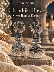 [SG] Chandrika Royale Silver Jhumka Earrings | Antique Silver Oxidised Indian Traditional Earrings | Floral Pearl Bead Jhumka | Long Dome Drop Earrings | Saree Lehenga Anarkali Festive Wear | ear me out (EMO-383)
