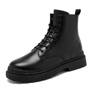 Korean Leather Shoes For Men Thick Soled Wear-resistant Fashion Boots Black Office Work Shoes#8605
