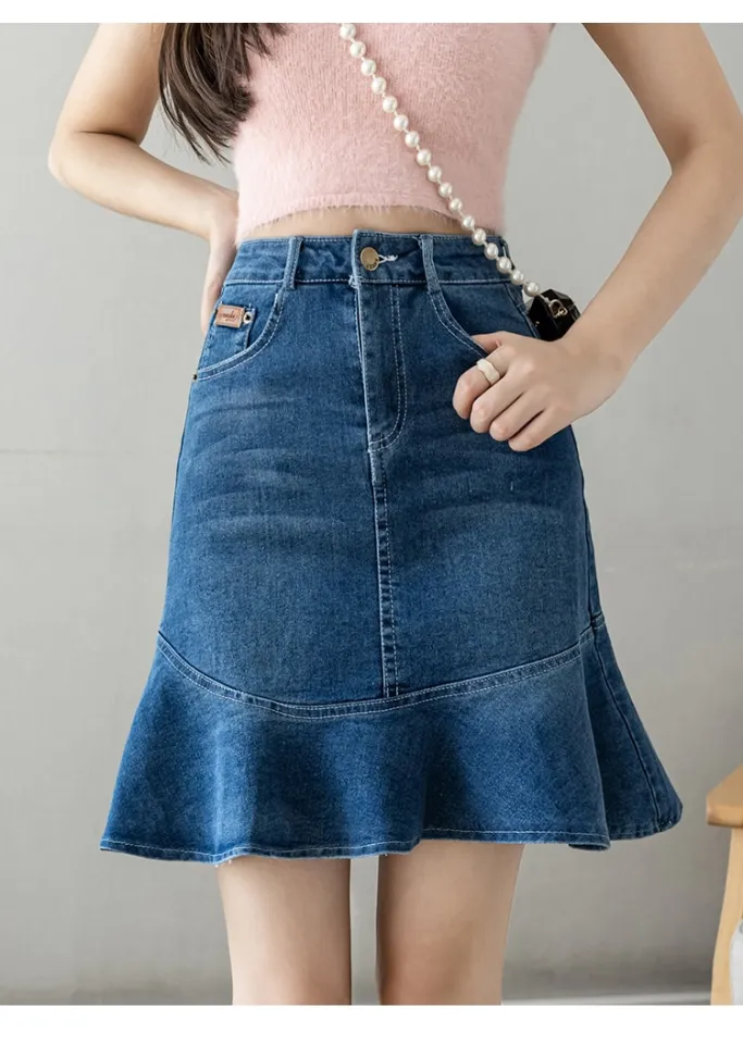 Summer Denim Skirt For Women High Waist Midi Length Mermaid Blue