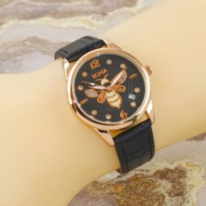 Box Exclusive Jam Tangan Bonia Bee Berlian VA-942OR / Jam Tangan Fashion Wanita Tali Kulit Diameter 32 cm