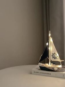 LED Wooden Sailboat Model Nautical Mediterranean Style Home Decor Coastal Sea Theme Tabletop Boat Ornament Sailing Ship Gift