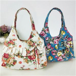 【COD&Ready Stock】Retro Canvas Handbag Bow Shoulder Bag Female Flower Printed Small Canvas Coin Purse Mini Bag Mobile Phone Bag