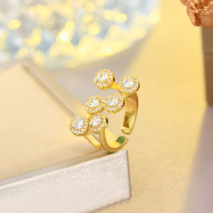 SEQUITO Luxury Women Jewelry Yellow Gold Color Micro Pave AAAAA Cubic Zircon Six Small Round Shape Prom Party Adjustable Ring Lady Finger Accessories SR120
