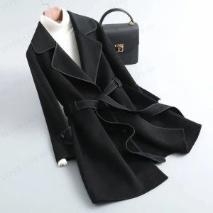 H Autumn and winter coats fur coats hand-tied silhouette coats warm and loose mid-length womens coats