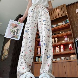 Fun Graffiti Print Ice Silk Casual Summer High Waisted Slimming Versatile Straight Leg Wide Leg Pants