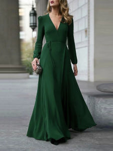 G7 Cross-border European and American Style Dress V Long Sleeve Tie Waist Slim Fit Elegant Long Dress for Women In Stock Multiple Colors 7/7
