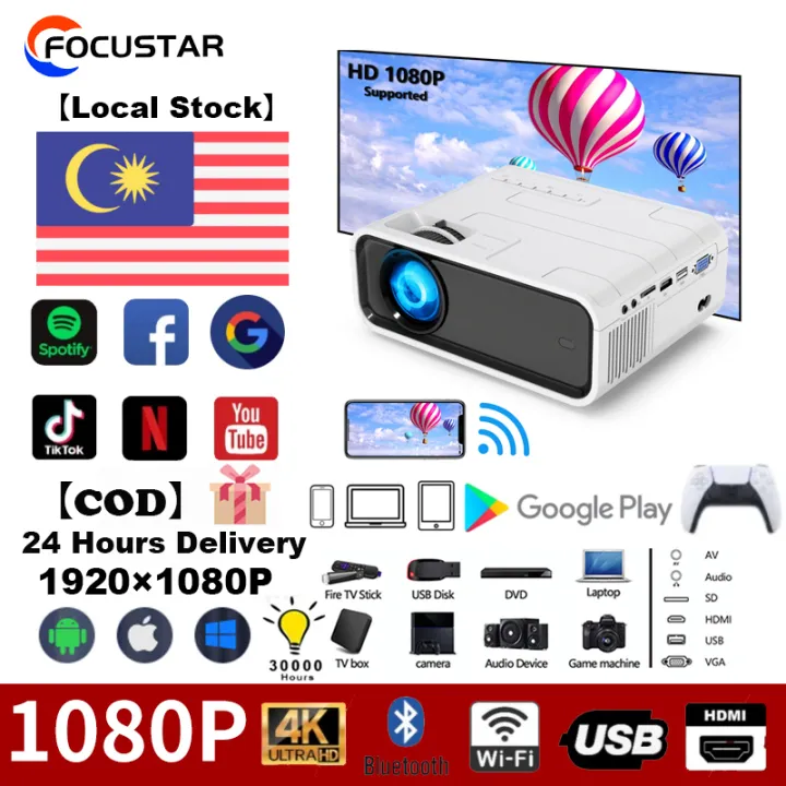 【Local Stock】5G WiFi 4K Projector 1080P Full HD Projector Accessories Outdoor portable home theater 230" Project Size LED 1080 Projector, Built-in Speaker