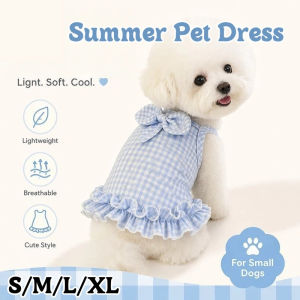 Pet Dress Blue Plaid Breathable Sleeveless Summer Skirt Small Dog Cat Ruffle Bow Cute Outfit
