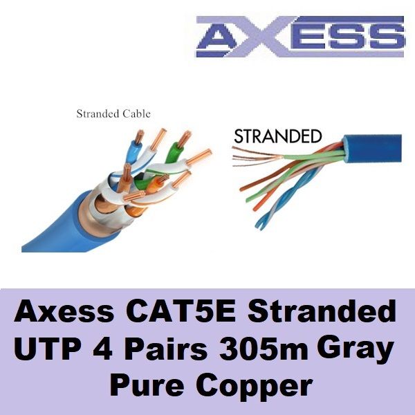 Axess Cat 5E Cable UTP Unshielded Stranded 4 Pairs Gray Data LAN Cable Cat5E Cat5 305 meters