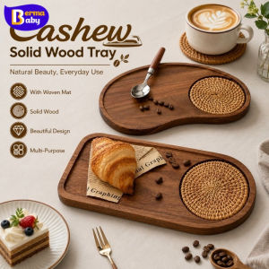 BERMA BABY Cashew Solid Wood Tray with Woven Mat Coffee Cake Tea Tray Acacia Wood Home Coffee Shop Cup Coaster