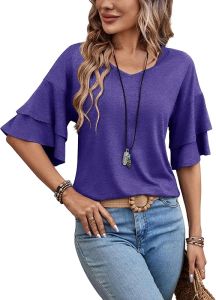 Womens Shirt Pleated Sleeve Top V Collared Shirt Casual Clothing Bell Sleeves Cute T T-shirt Spring Summer Fashion Clothing