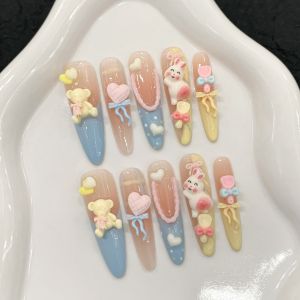 Cute 3D Bear Rabbit Press On Nails Pastel Heart Bow Kawaii Handmade False Nails
