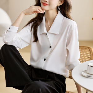 AMMIN เสื้อฉบับภาษาเกาหลีเสื้อชีฟองหญิงคอปกแบบเรียบง่ายสำหรับฤดูใบไม้ผลิและฤดูใบไม้ร่วงเสื้อเบลาส์แขนยาวกระดุมแถวเดียวสีขาวแบบไม่สม่ำเสมอเสื้อหรูหรา2024