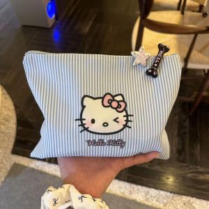 NALLCHEER Cute Hello Kitty Striped Cosmetic Bag with Zipper Closure Lightweight and Portable Makeup Pouch for Everyday Use