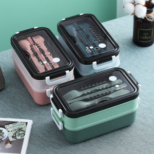 JustLiving Double-layer Bento Box Leakproof Lunch Boxes Portable Plastic Student Office Food Storage Boxes with Cutlery Storage - MICROWAVE SUPPORT