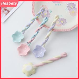 Heabety  1 cái gốm dài xử lý muỗng dễ thương Kem tay sơn tráng miệng muỗng với dài xử lý Bộ đồ ăn nhà bếp phụ kiện