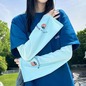 SERENEGLOW Cute Bear Print Ice Silk Arm Sleeves for Women Summer UV Protection Fashionable Sunscreen Gloves