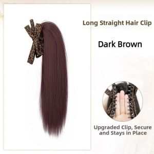 PHANT Synthetic Bow Claw Clip Ponytail Wig Elegant with Grab Clip Leopard Print Pony Tail Hair Piece Heat Resistant Fluffy Long Straight Layered Ponytail For Women