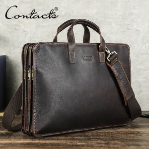 CONTACTS Genuine Leather Mens Sling Briefcase Male Shoulder Bag Business Bags for 15.6 inch Laptop Bags
