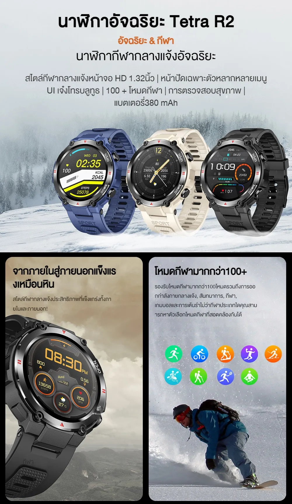 Aolon Tetra R2 1.32 นิ้ว สมาร์ทวอทช์ ผู้ชาย นาฬิกาวิ่ง บลูทูธโทร ควบคุมเพลง การตรวจการนอนหลับ HR BP SPO2 380mAh