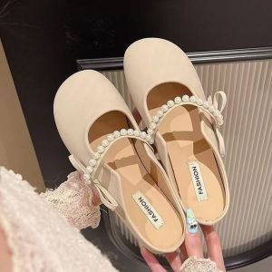 [Free Shipping] 2026 Summer New Soft-Soled Granny Shoes With Pearl Bow Small Fragrance Style Open-Toe Mules For Outdoor Wear Vacation Shoes