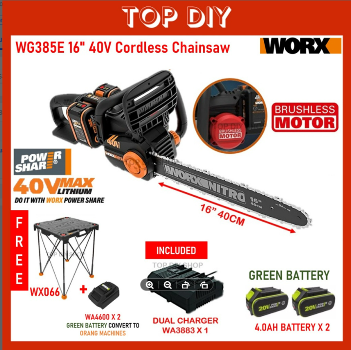 WORX WG385E Brushless Cordless Chainsaw Mesin Tebang Pokok Gergaji Kayu ...