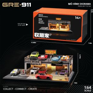 Mô hình Diorama garage workshop 2 tầng tích hợp bãi đỗ xe đèn LED GRE911LED-42 1/64