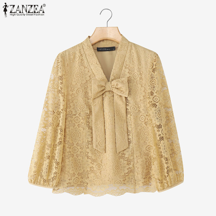 ZANZEA%20Korean%20Style%20Women%20Trendy%20Bowknot%20Lace%20Patchwork%20Blouses%203/4%20Sleeve%20V-Neck%20Plain%20OL%20Top%20#0922%20-%20Image%205