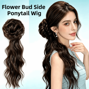 PYA94 Water Wave Flower Bud Side Ponytail Wig Flexible Natural Self-Winding Ponytail Hair Piece Heat Resistant Voluminous Bun Style Long Curly Layered Ponytail for Women