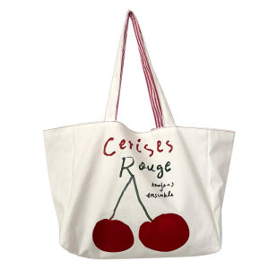 Reversible Design Women Canvas Shoulder Bag Cotton Cloth Purse Handbag Cherry Red Stripes Large Tote Female Eco Shopping Bags2026