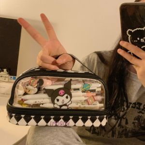 Sanrio Transparent Pencil Case Cosmetic Bag Anime Kuromi Cinnamoroll My Melody Makeup Bags Pencils Bag Stationary Supplies Kids Gift