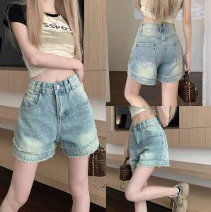 Lucky stars 💥พร้อมส่ง💥 กางเกงยีนส์ขาสั้นเอวสูงทรงเอ  สไตล์เกาหลี  ผ้ายีนส์แท้