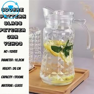 Bình Thuỷ Tinh Đựng Nước 1.7L Quai Cầm Miệng Rót Hoa Văn Vuông YZH33 Square Pattern Glass Pitcher Jar 1700ML
