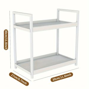 This two-tiered shelf is designed to be placed on a countertop and is ideal for storing cosmetics in the bathroom bedroom office or kitchen helping to save space.