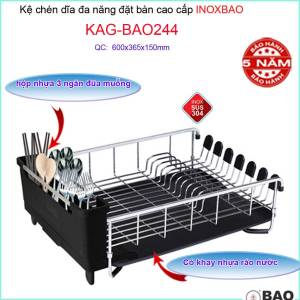 [HCM]Kệ úp chén dĩa đa năng Inox Bảo KAG-BAO244 kệ chén bát đặt bàn 60cm có khay hứng nước giắt dao muỗng đũa