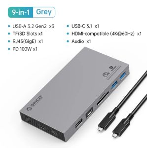 ORICO USB C HUB with NVMe SSD Enclosure 9 In 1 Type C Docking Station with PD100W Charging USB3.2 10Gbps Audio RJ45 TF Adapter
