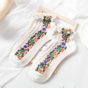 huowa Womens Red Cotton Retro Embroidered Socks