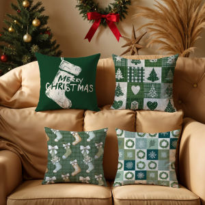 Christmas Pillowcase Single Pack 25 Styles Optional 40x40/45x45/50x50cm with Green Stitching Plaid Christmas Tree Christmas Stockings Fresh Retro Pattern Sofa Cushion Cover Winter Home Decoration Pillowcase Holiday Gift Decoration Fabric Art