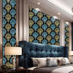 Wallpaper Dinding Motif Batik Biru Gold Ukuran 45CM X 8METER