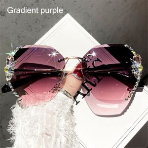 NALANILI Fashion Female Eyewear UV400 Women Sun Glasses Gradient Rhinestone Sunglasses Rimless Sunglasses